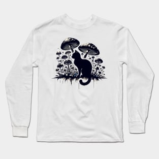 Funny Vintage Black Cat in Mushroom Garden Long Sleeve T-Shirt